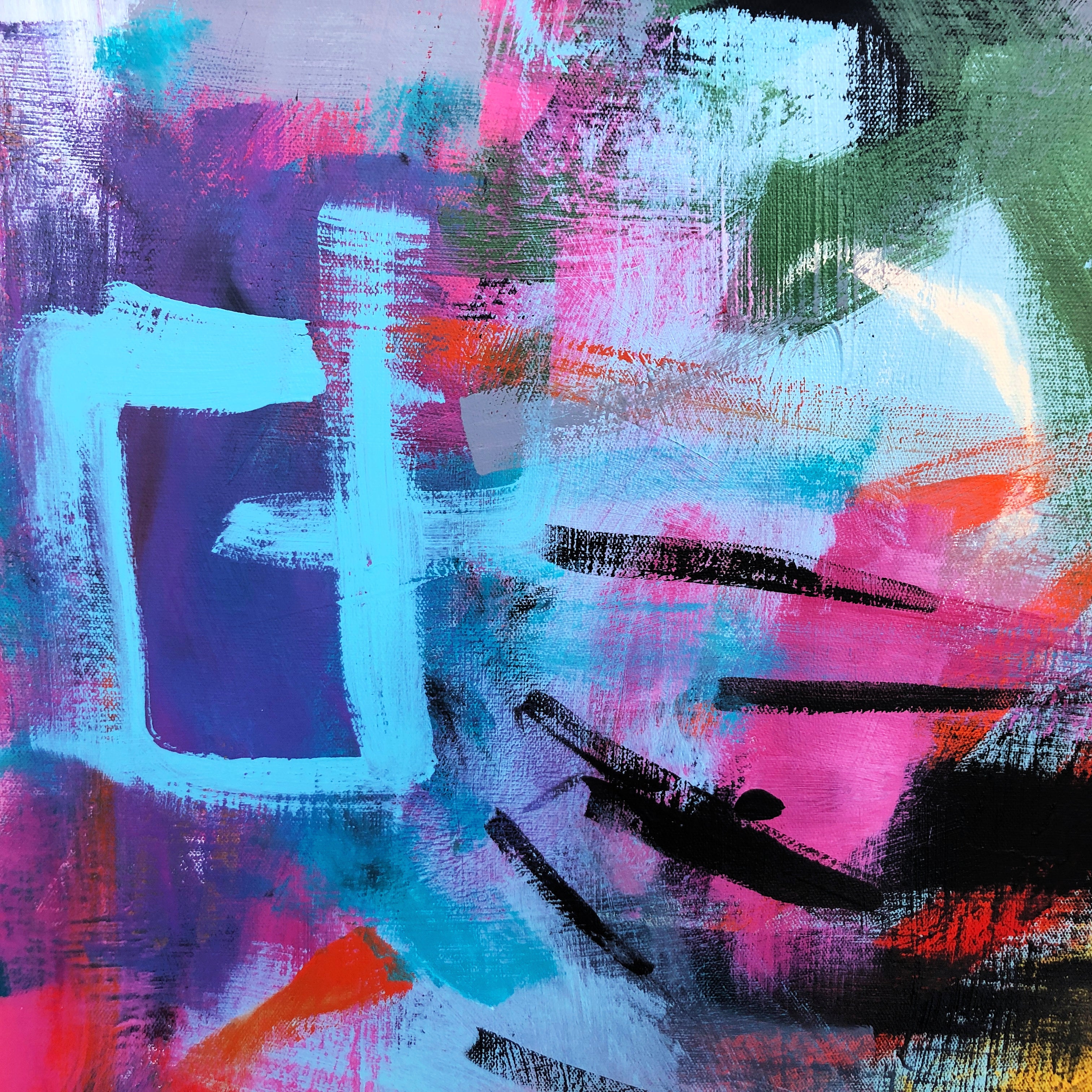 Close-up detail of contemporary, multi-colour abstract painting on canvas with expressive brushstrokes