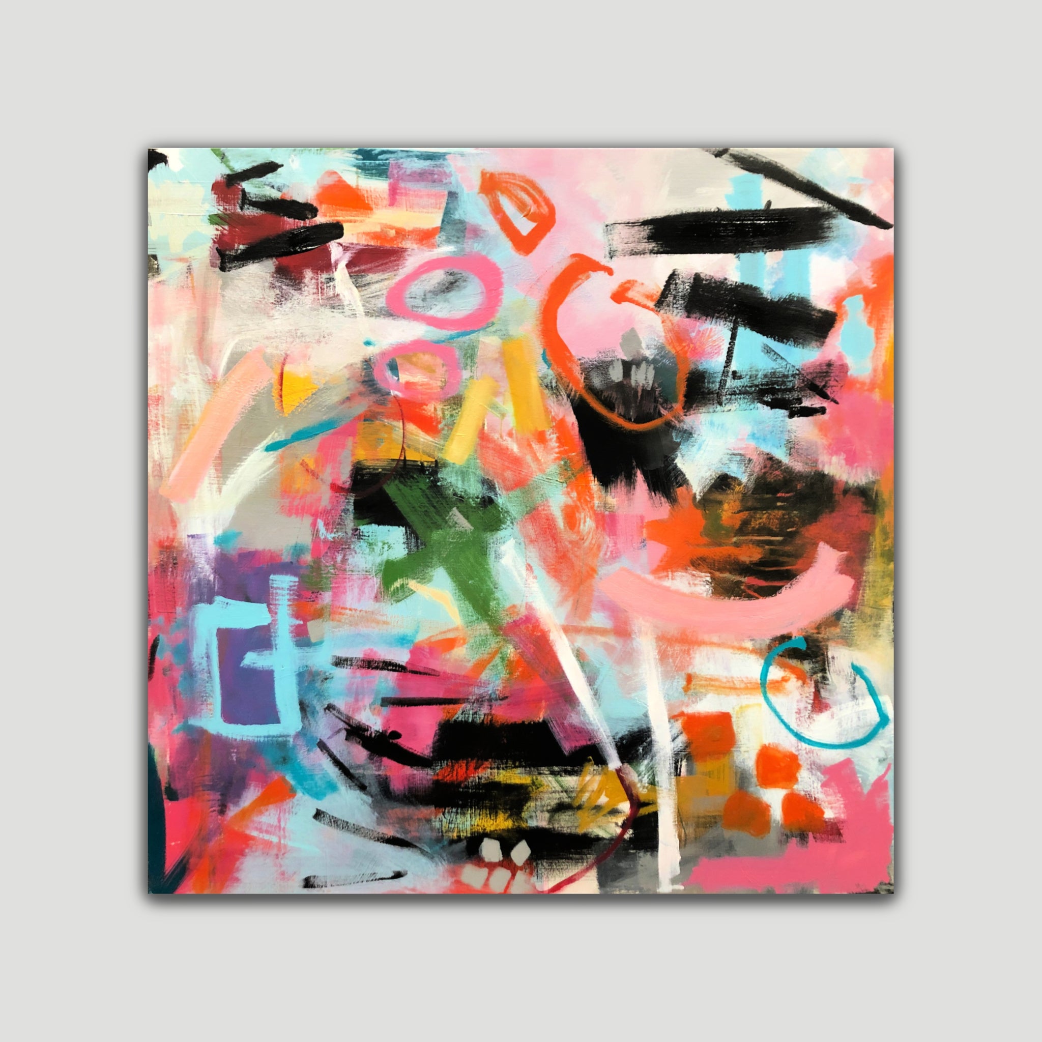 Bold, colourful abstract painting "Freedom" in pink, blue, orange, yellow and black – front view