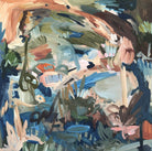 Abstract landscape painting of nature and water view and surrounding coast and bushland in Australia - cropped front view