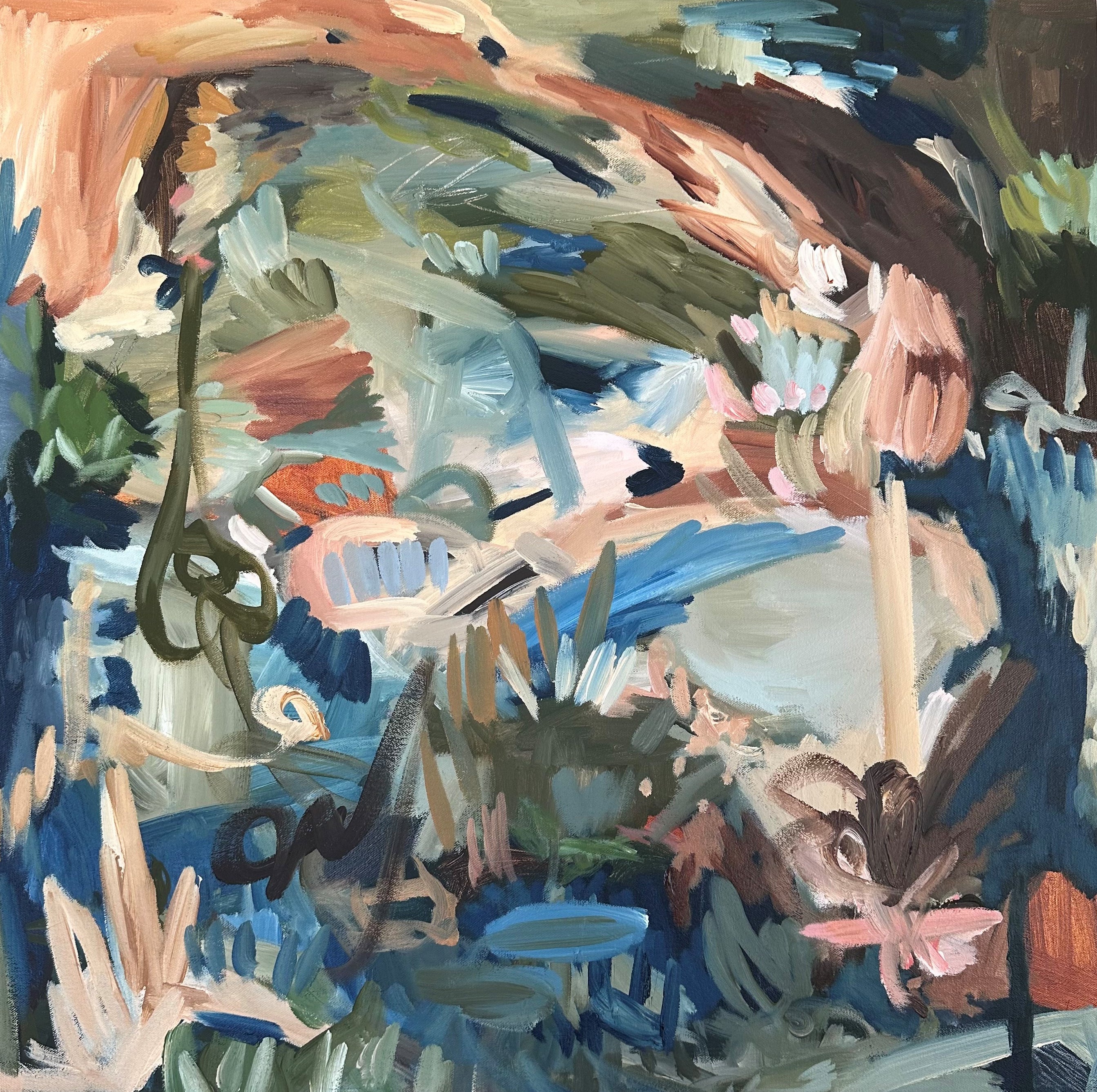 Abstract landscape painting of nature and water view and surrounding coast and bushland in Australia - cropped front view