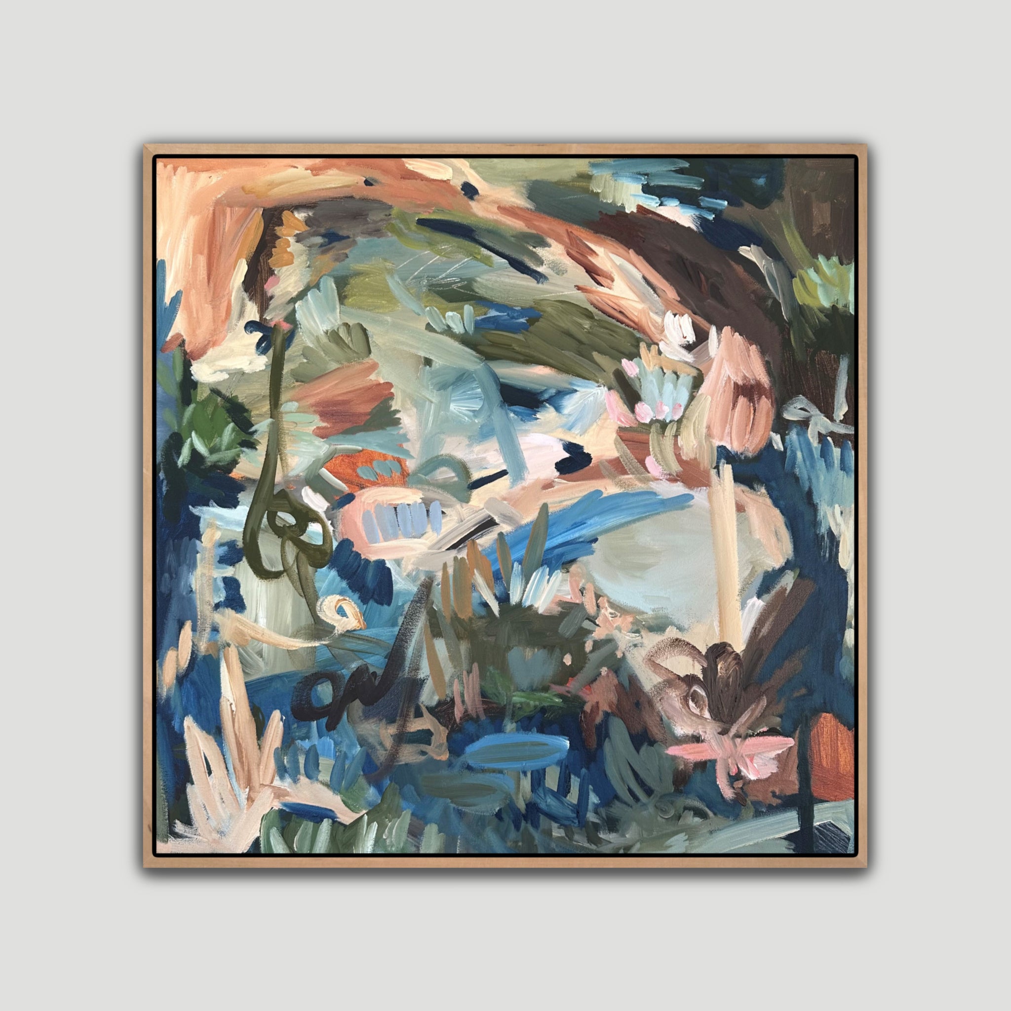 Framed, abstract landscape painting "Friends With Nature" of waterhole in natural setting in natural colour scheme of blue, green , brown and beige - front view