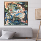 Expressive abstract painting "Friends With Nature" of a water and bush landscape in natural colours hanging over lounge in modern living room