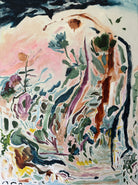 Expressive abstract landscape painting of field of flowers in blue, purple, green and pink on beige background - cropped front view 