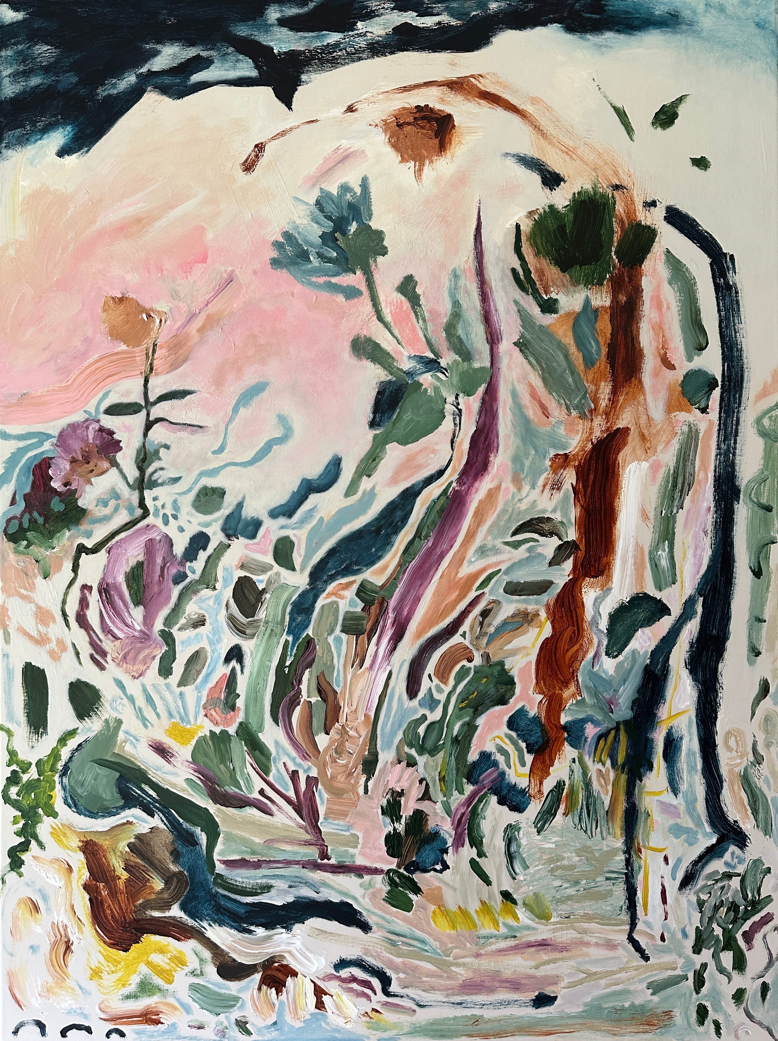 Expressive abstract landscape painting of field of flowers in blue, purple, green and pink on beige background - cropped front view 