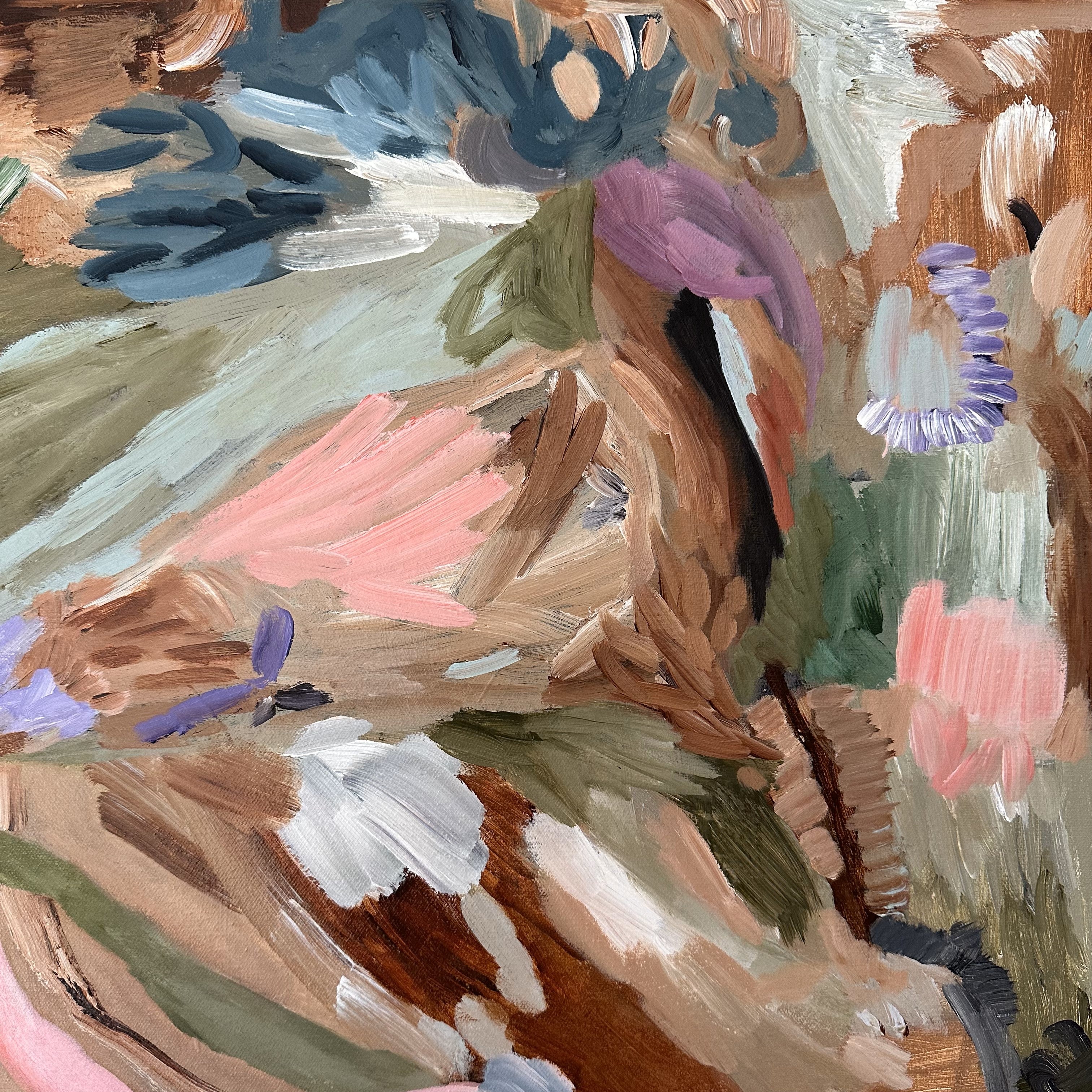 Close-up detail of soothing abstract expressionist painting on canvas influenced by nature and flowers