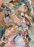 Abstract painting in soft colours of pink blue, brown and green that alludes to a garden of plants and flowers - cropped front view