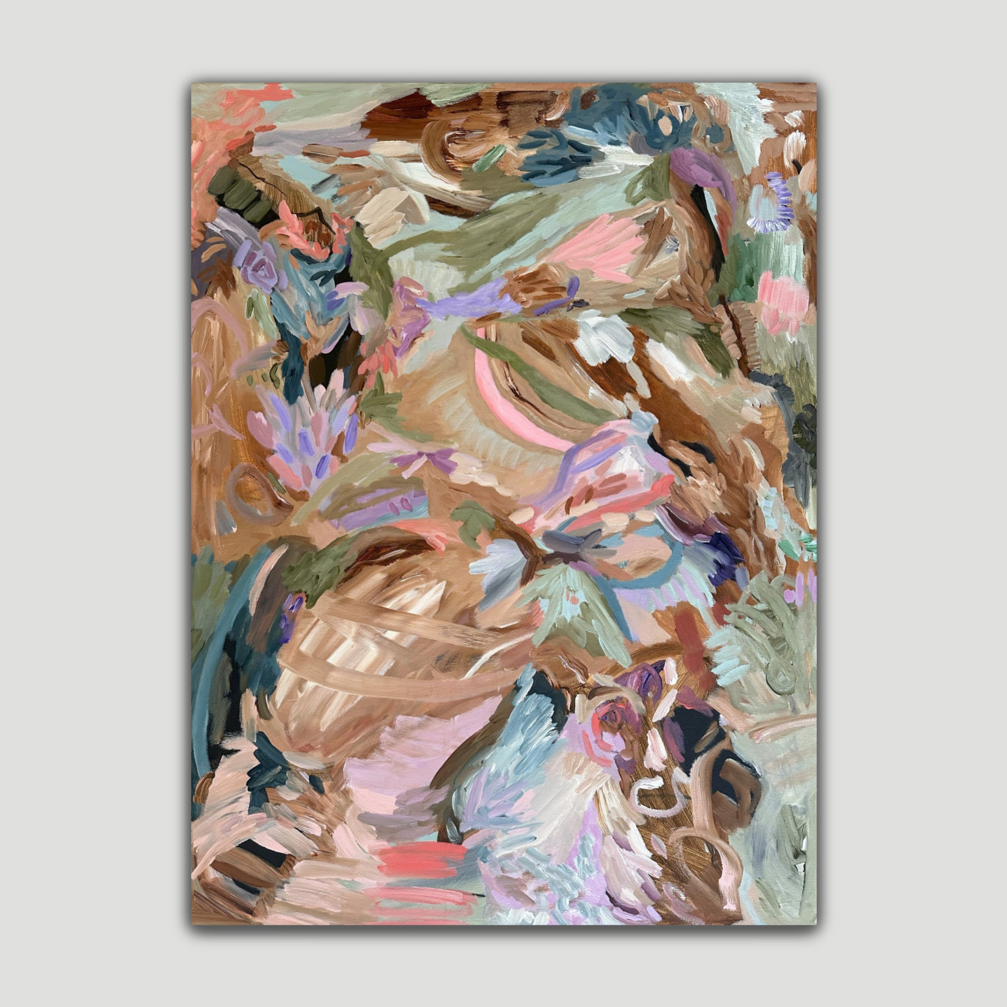Abstract expressionist painting "Gestures Of Spring" in pastel colours that alludes to a landscape of plants and flowers - front view