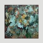 Square abstract painting Go Gently by Kylie Sams alluding to plants and flowers in nature in green and brown shades, shown on neutral background. 