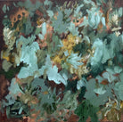 An impressionistic abstract painting depicting dense foliage with textured brushstrokes in shades of green, soft blue and brown. 