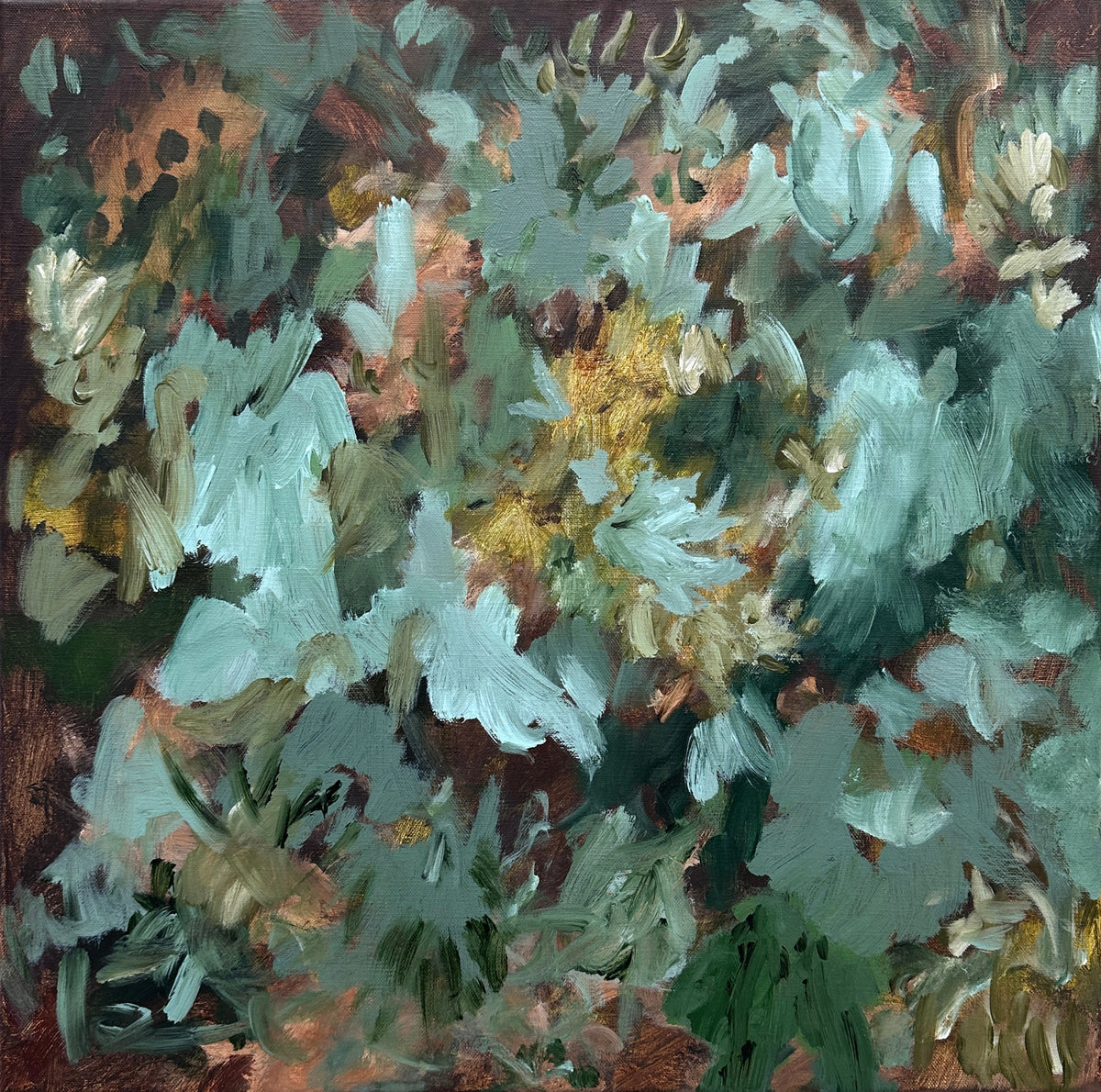 An impressionistic abstract painting depicting dense foliage with textured brushstrokes in shades of green, soft blue and brown. 