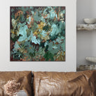Contemporary abstract wall art in brown. shades of green (forest, sage, emerald, olive) and light blue hanging above sofa in modern interior space with neutral furnishings and natural wood accessories.  