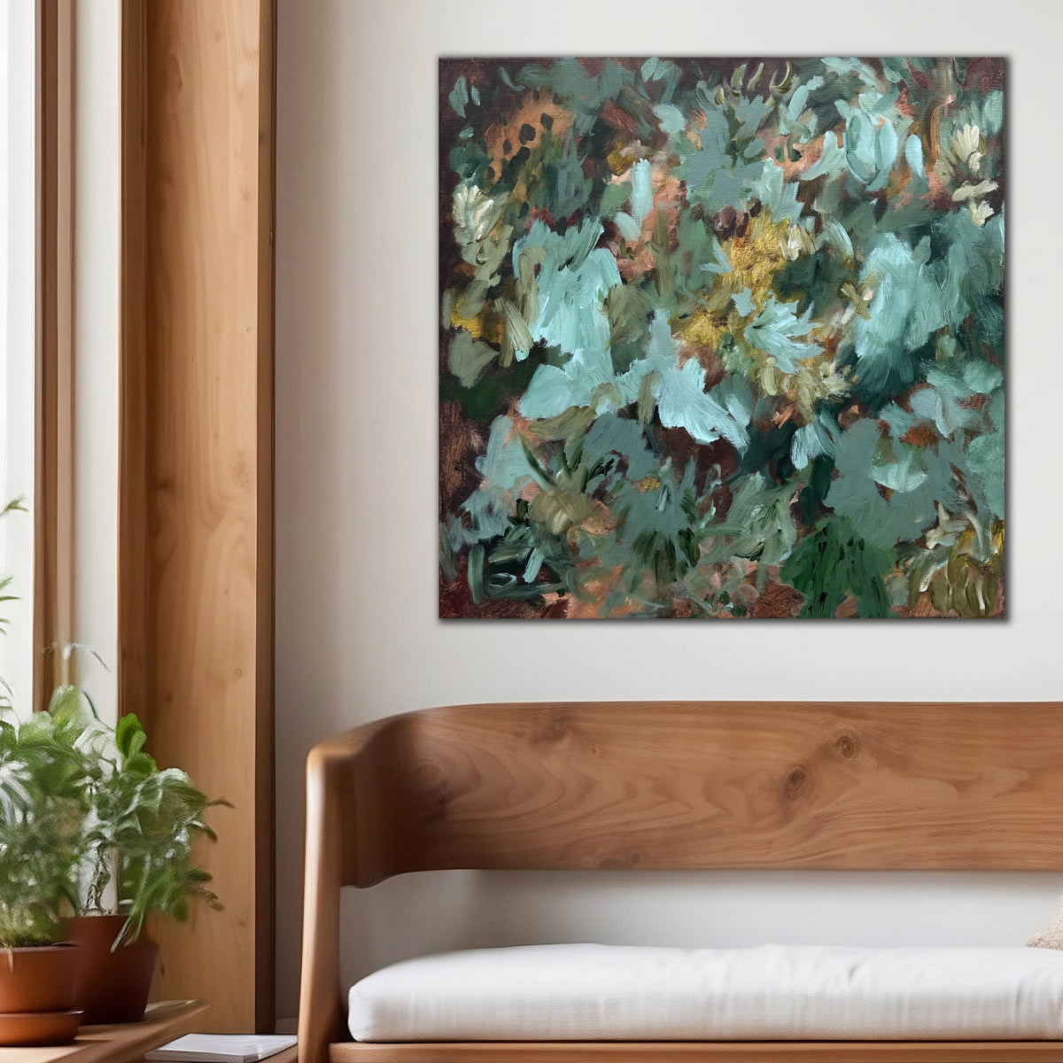 An abstract painting inspired by natures plants and flowers in shades of green and brown hanging on wall in neutral interior with natural timber furniture and accents. 