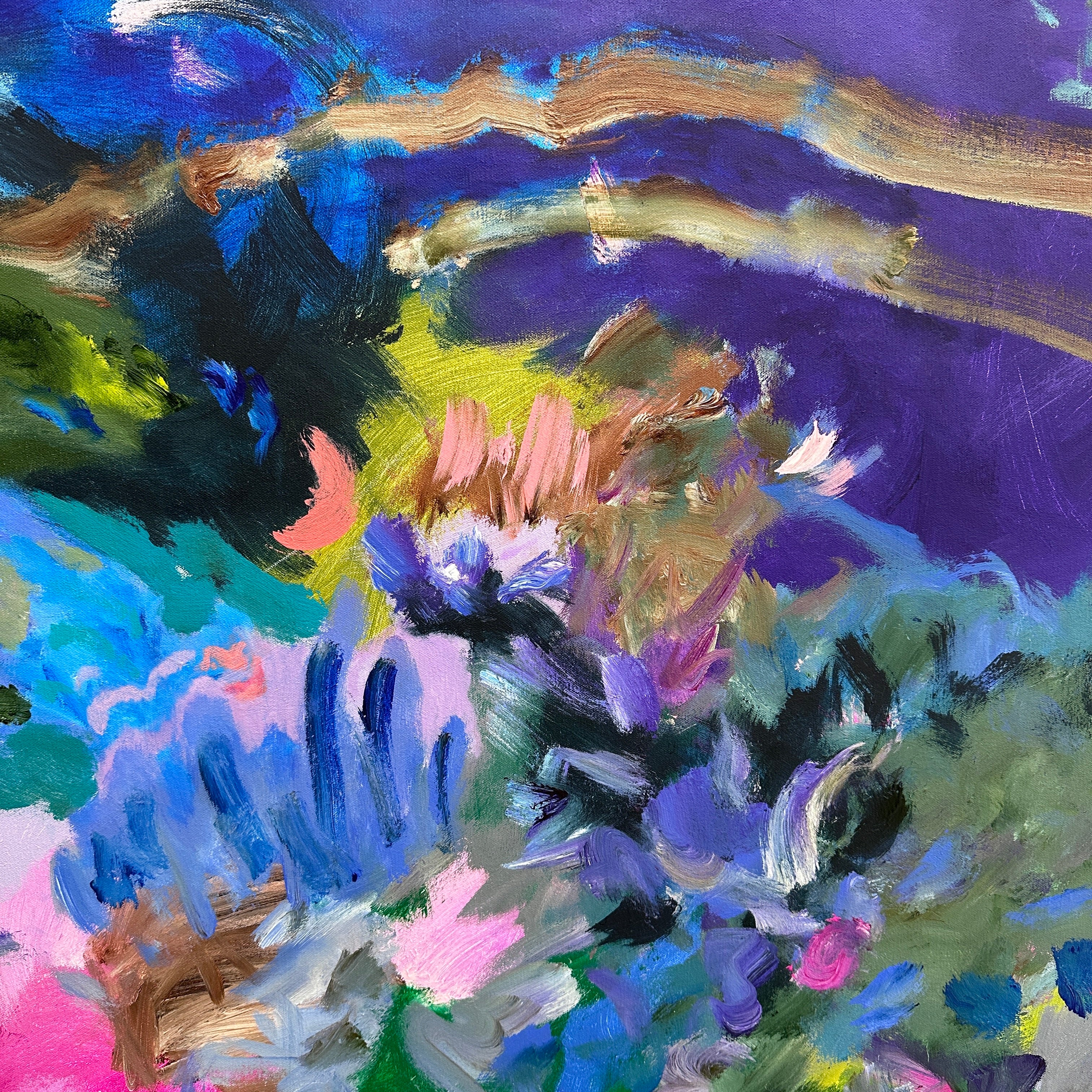 Close up detail of colourful abstract painting with expressive brushstrokes