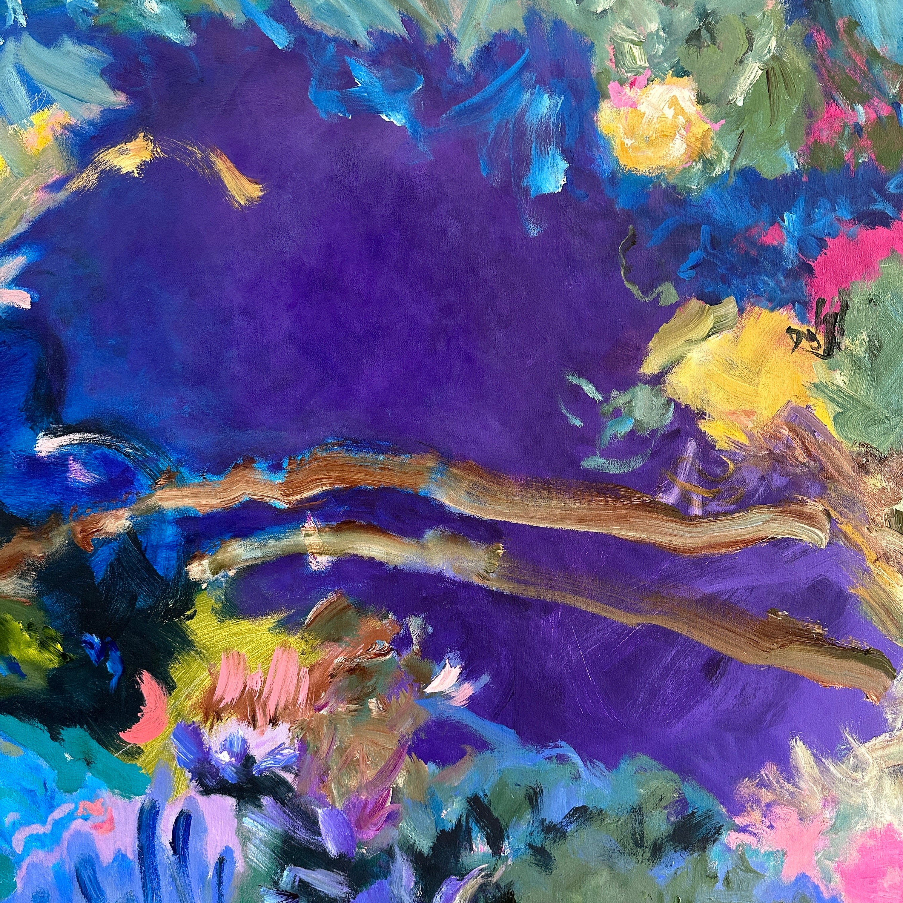 Vibrant abstract painting with floral references and expressive mark making