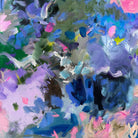 Close up detail of abstract painting with a mix of blue, purple, pink, and green colours.