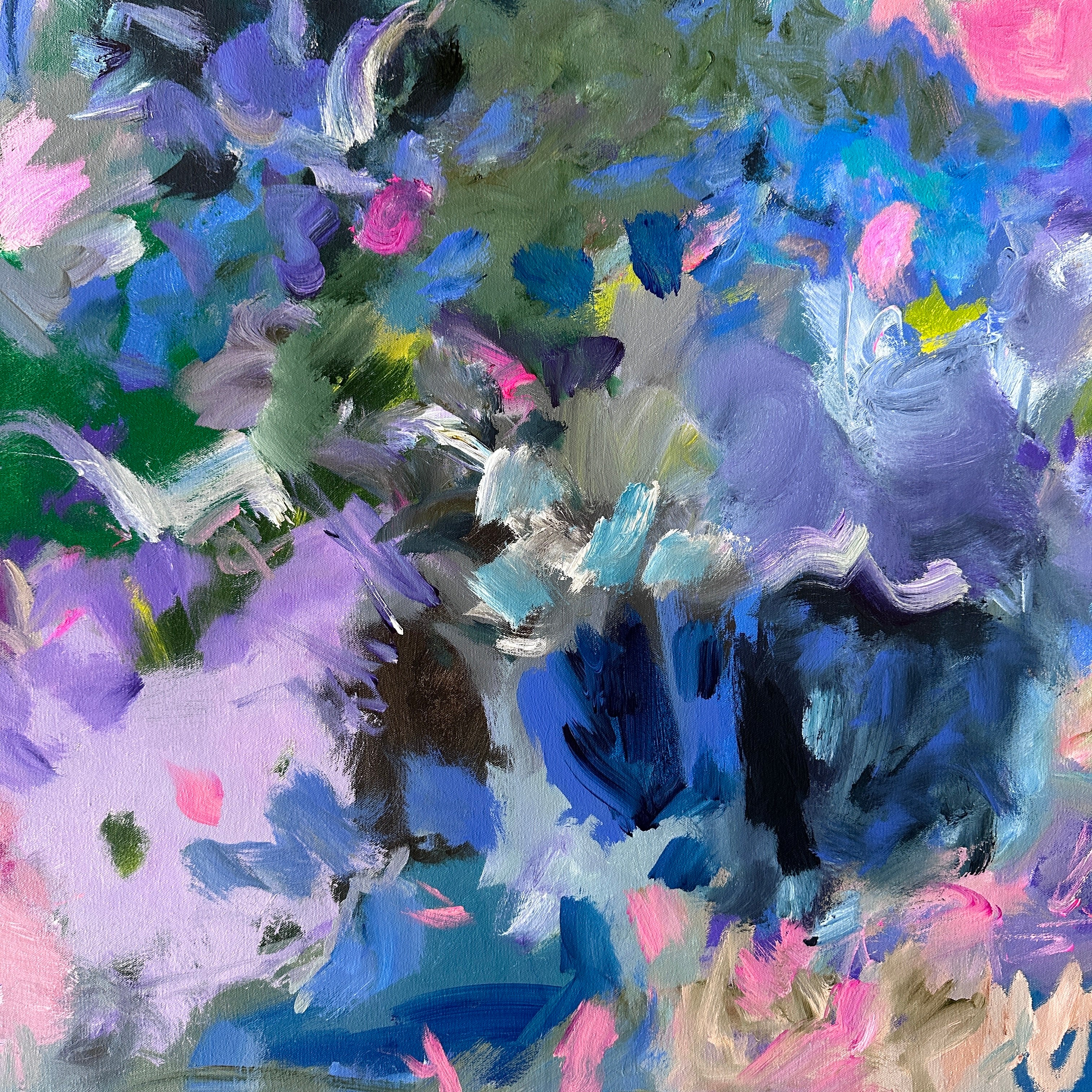 Close up detail of abstract painting with a mix of blue, purple, pink, and green colours.