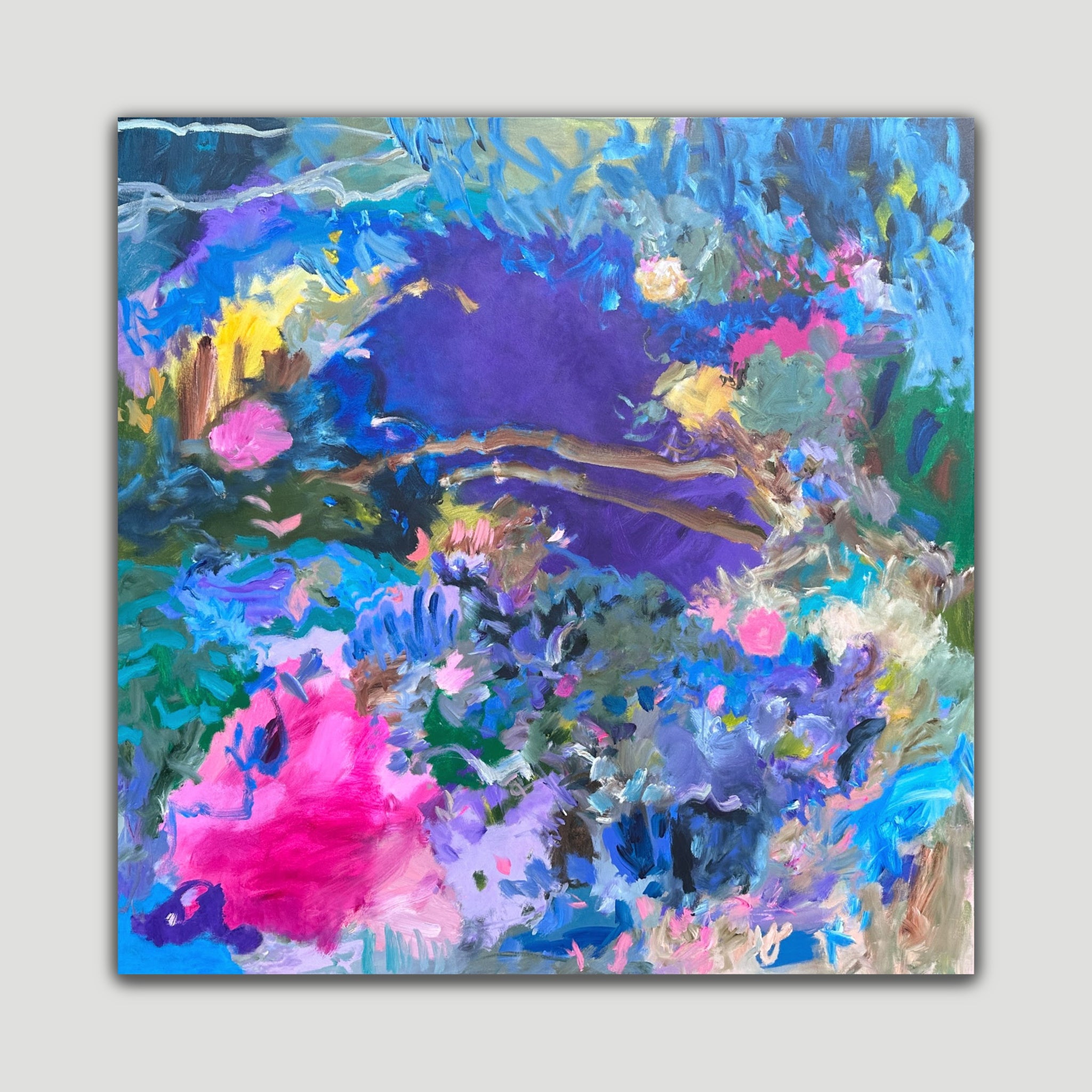 Colourful abstract landscape painting on neutral background