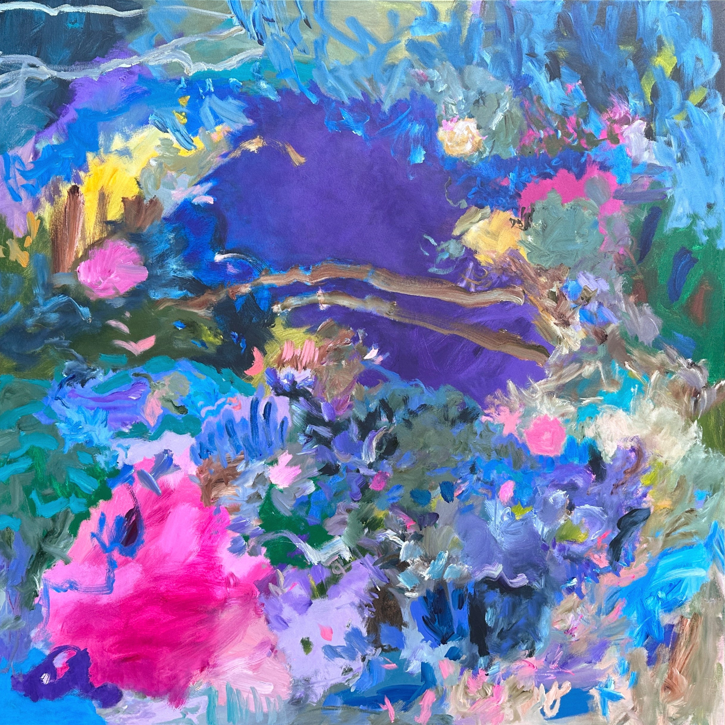Colorful abstract painting with expressive gestures in vibrant blues, pinks, and greens.