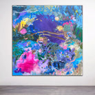 Large square abstract landscape painting with botanical elements hanging on white wall