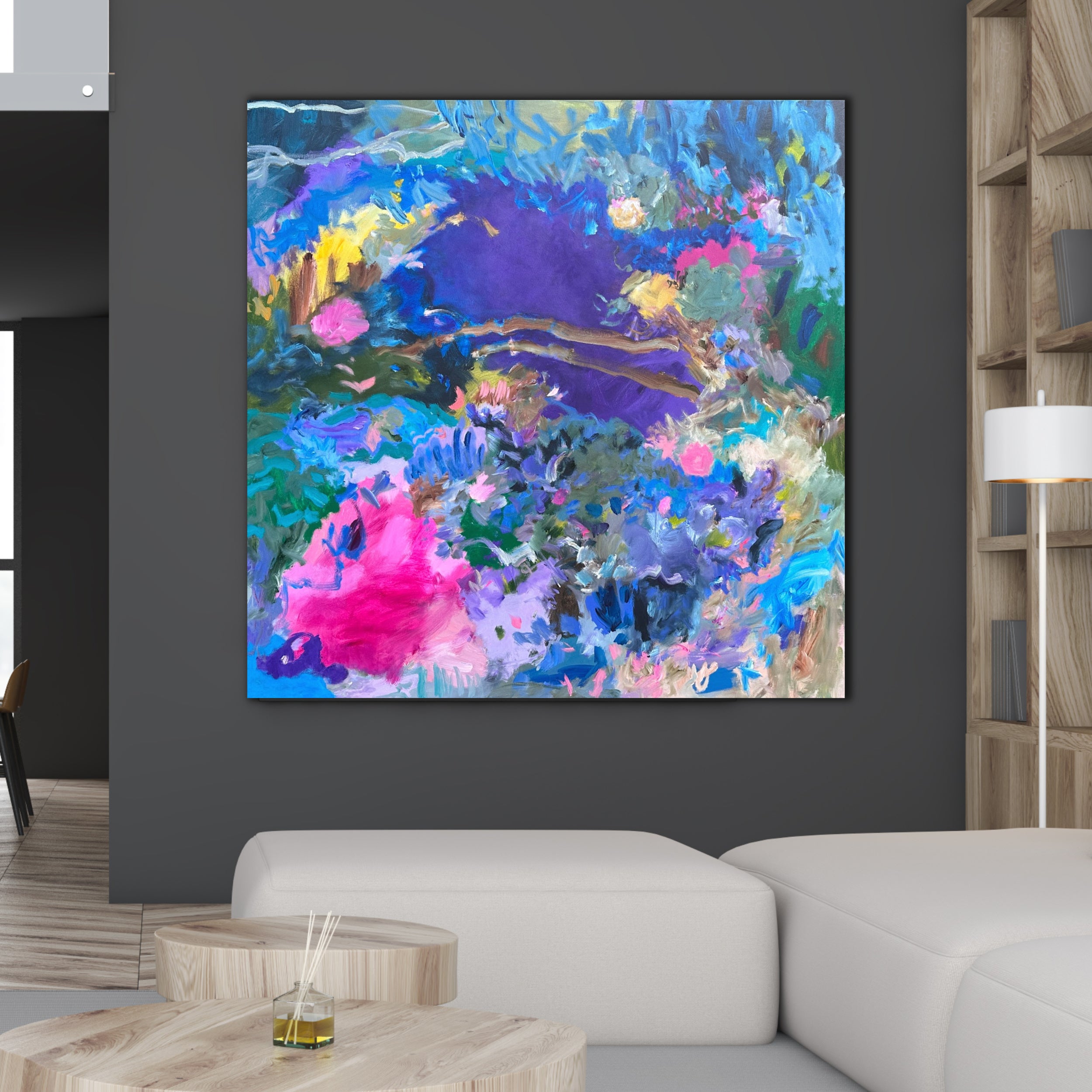 Extra large abstract landscape painting hanging on wall in contemporary home. 