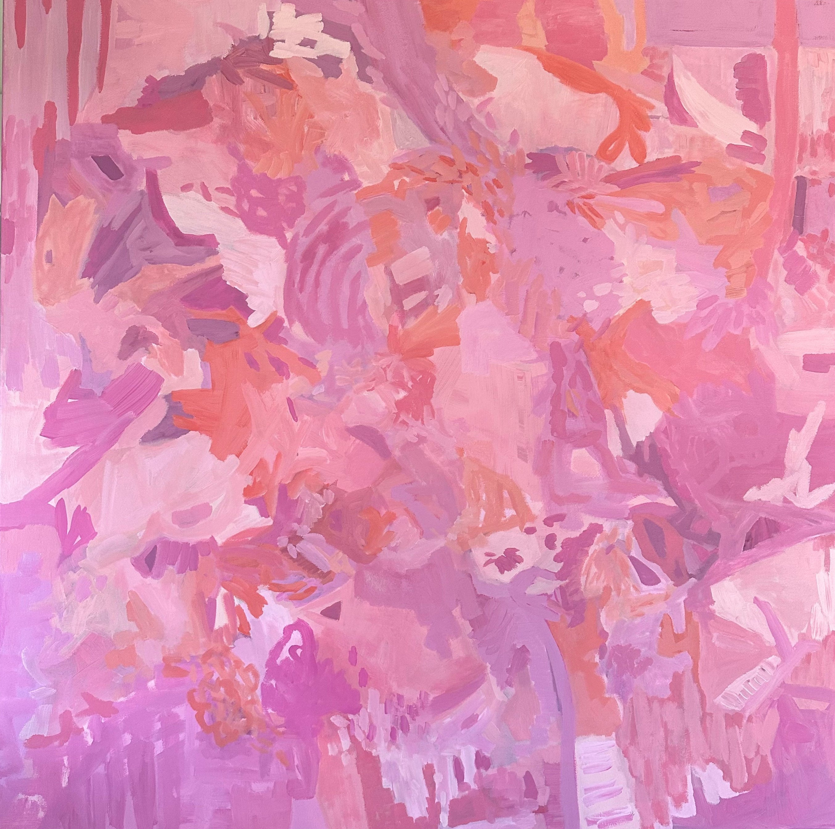 Contemporary abstract painting in pink and purple tones that speaks to positivity and happiness - cropped front view