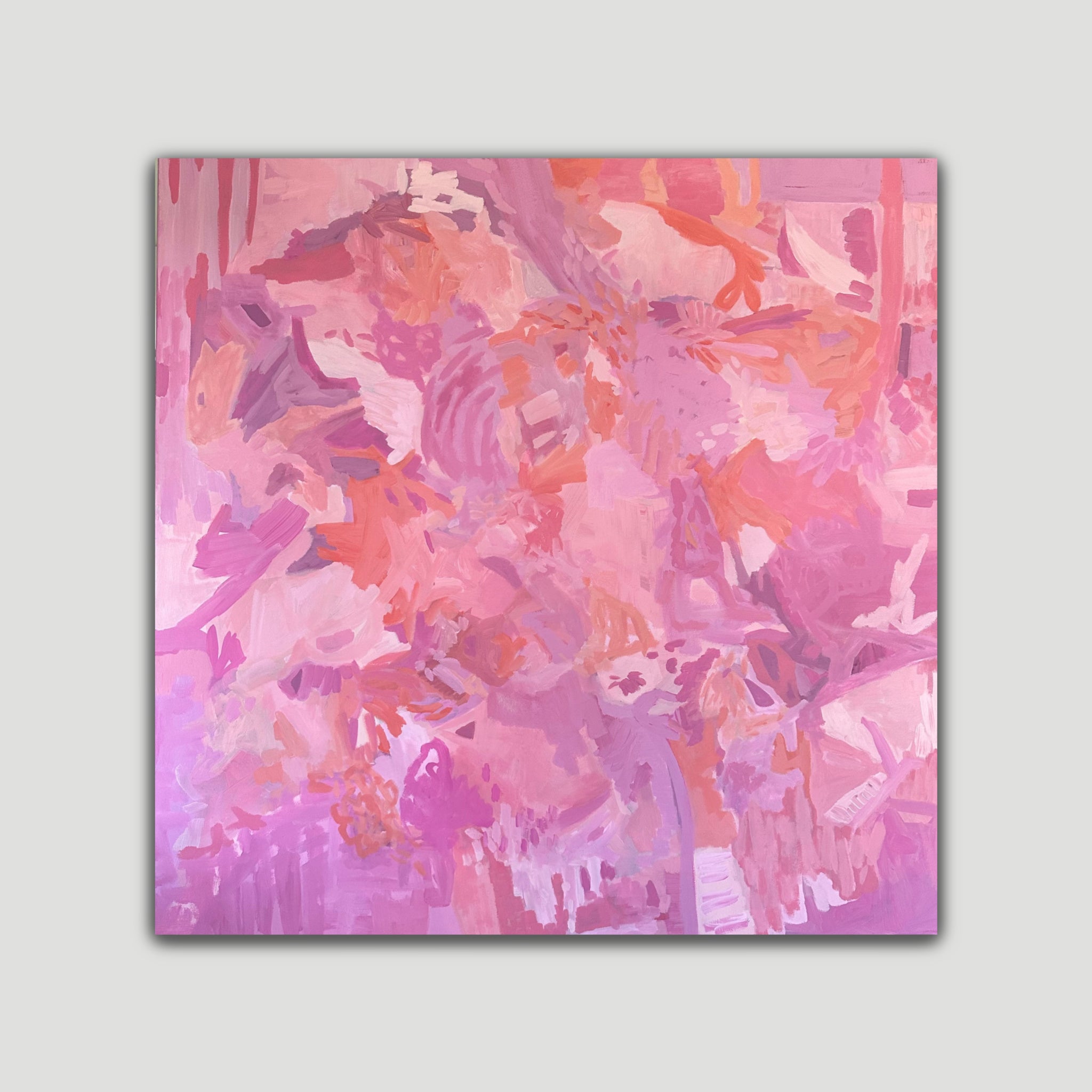 Square lilac, coral and pink abstract painting that evokes happiness - front view
