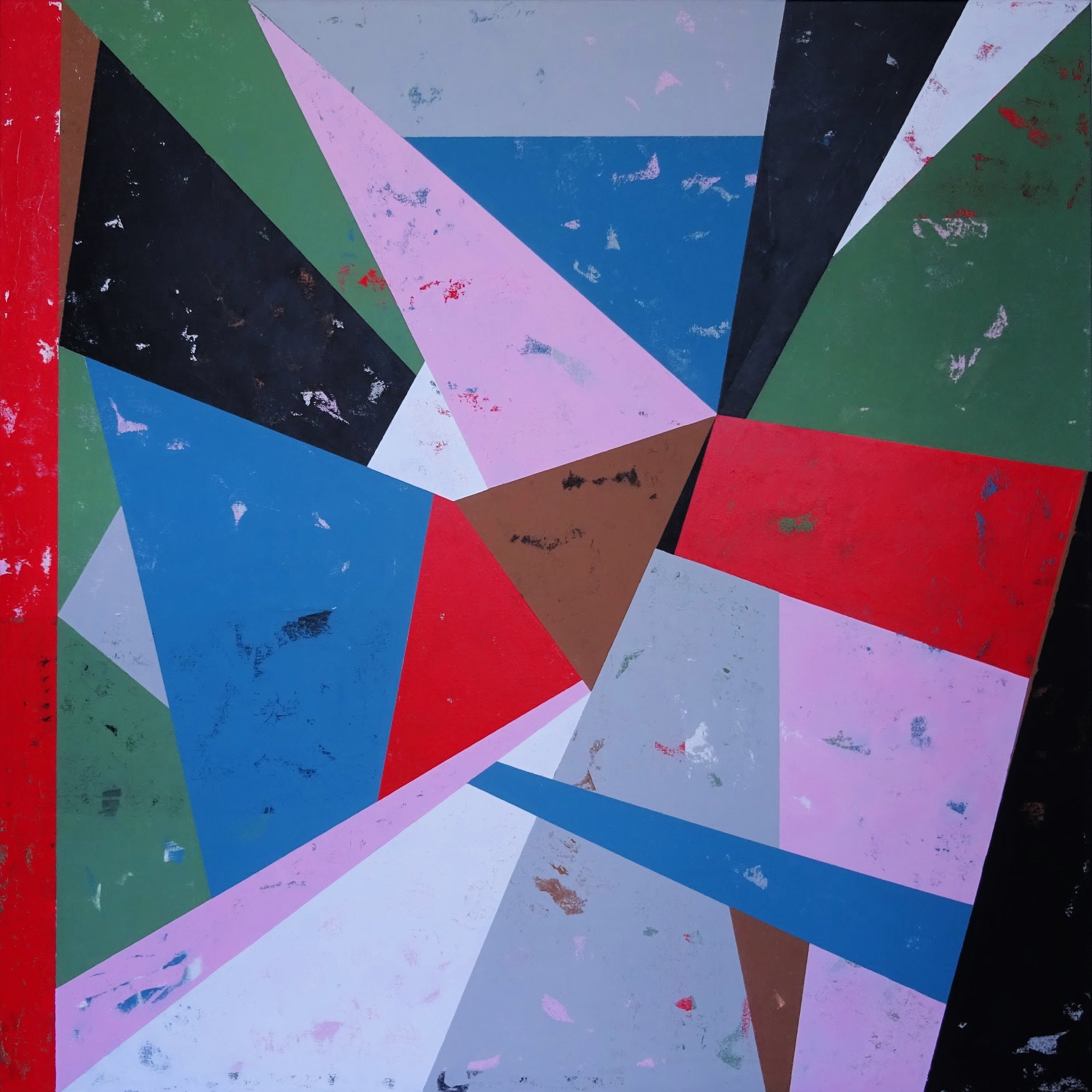 Bold abstract painting with mid-century modern style and tiled geometric shapes in retro colour combination - front crop view