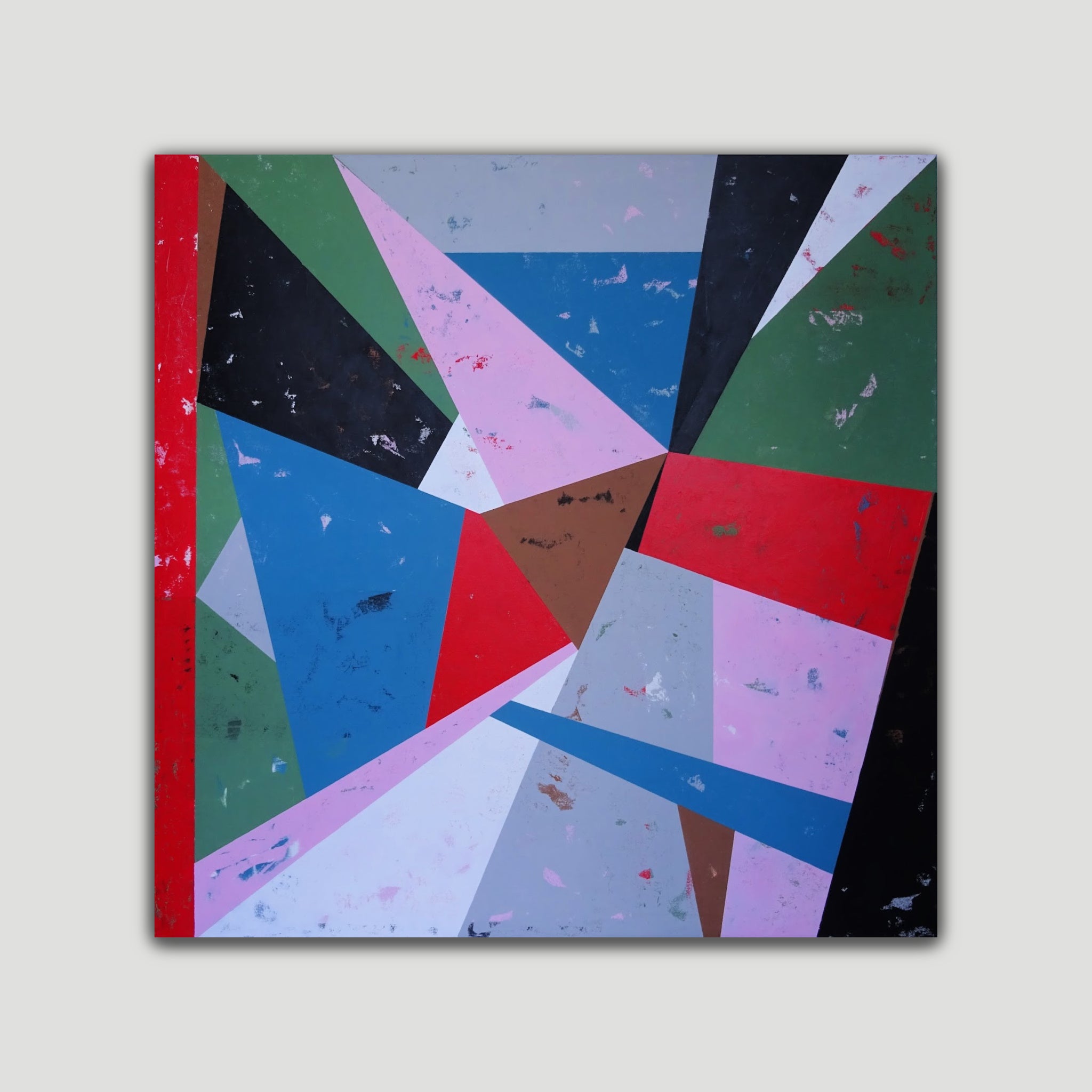 Geometric abstract painting in retro colour combination of red, blue, green, black, grey, white and pink - front view