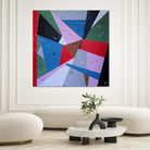 Square abstract painting with geometric pattern in bold colours hanging on wall in luxury living room in a modern home interior - in situ