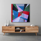 Multi-colour geometric abstract painting "Hello I Love You" that was loosely inspired by The Doors song of the same name, hanging on wall in contemporary home interior - in situ