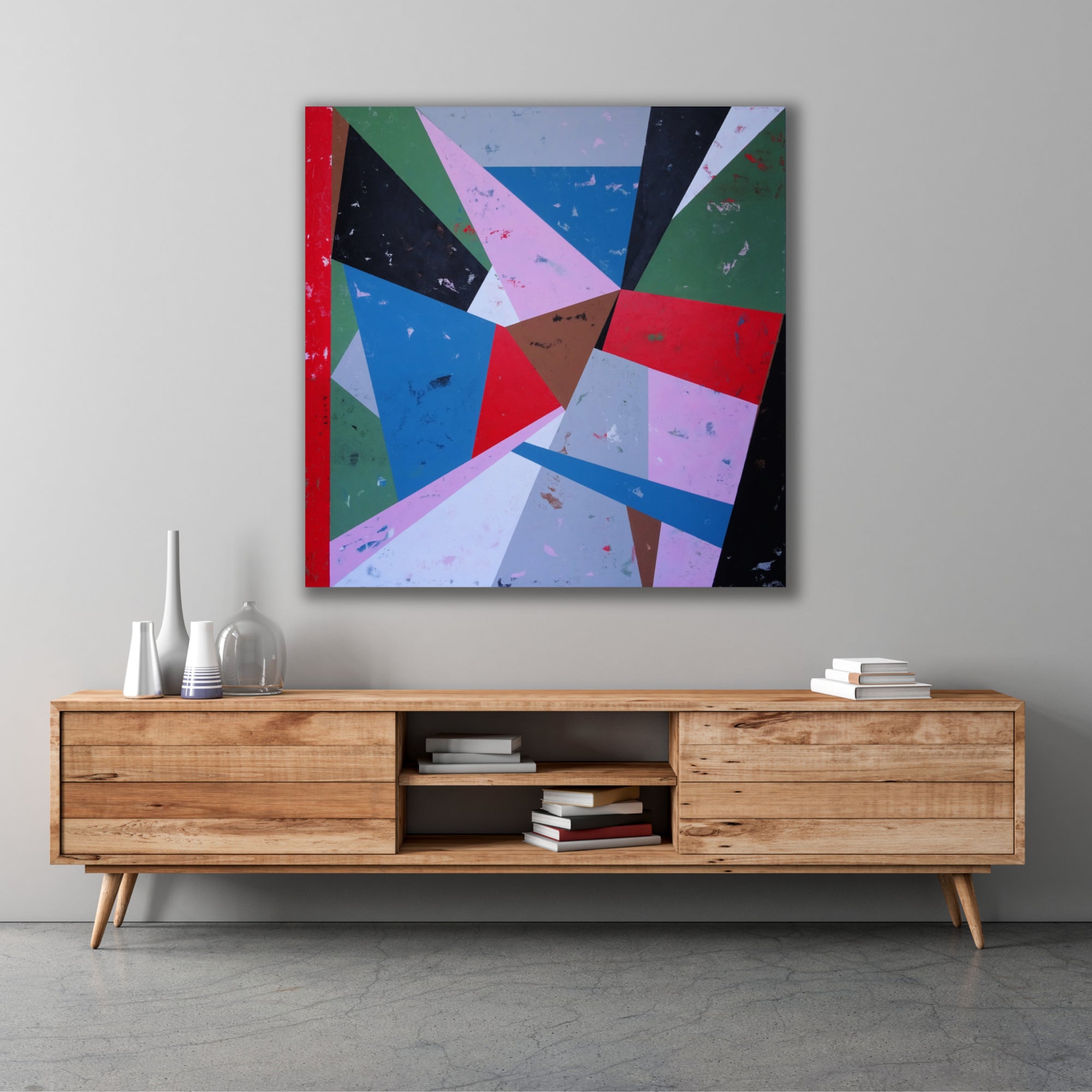 Multi-colour geometric abstract painting "Hello I Love You" that was loosely inspired by The Doors song of the same name, hanging on wall in contemporary home interior - in situ