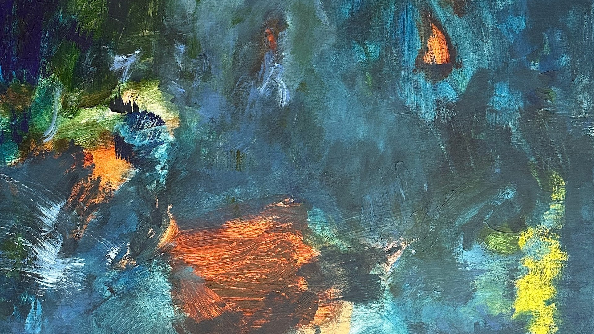 Moody and atmospheric close-up of abstract painting by Kylie Sams. Deep blues and bold strokes convey contrast, emotion, and intuitive expression.