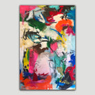 An abstract canvas painting with expressive, colorful brushstrokes in pink, red, blue, green, yellow, black on a neutral background