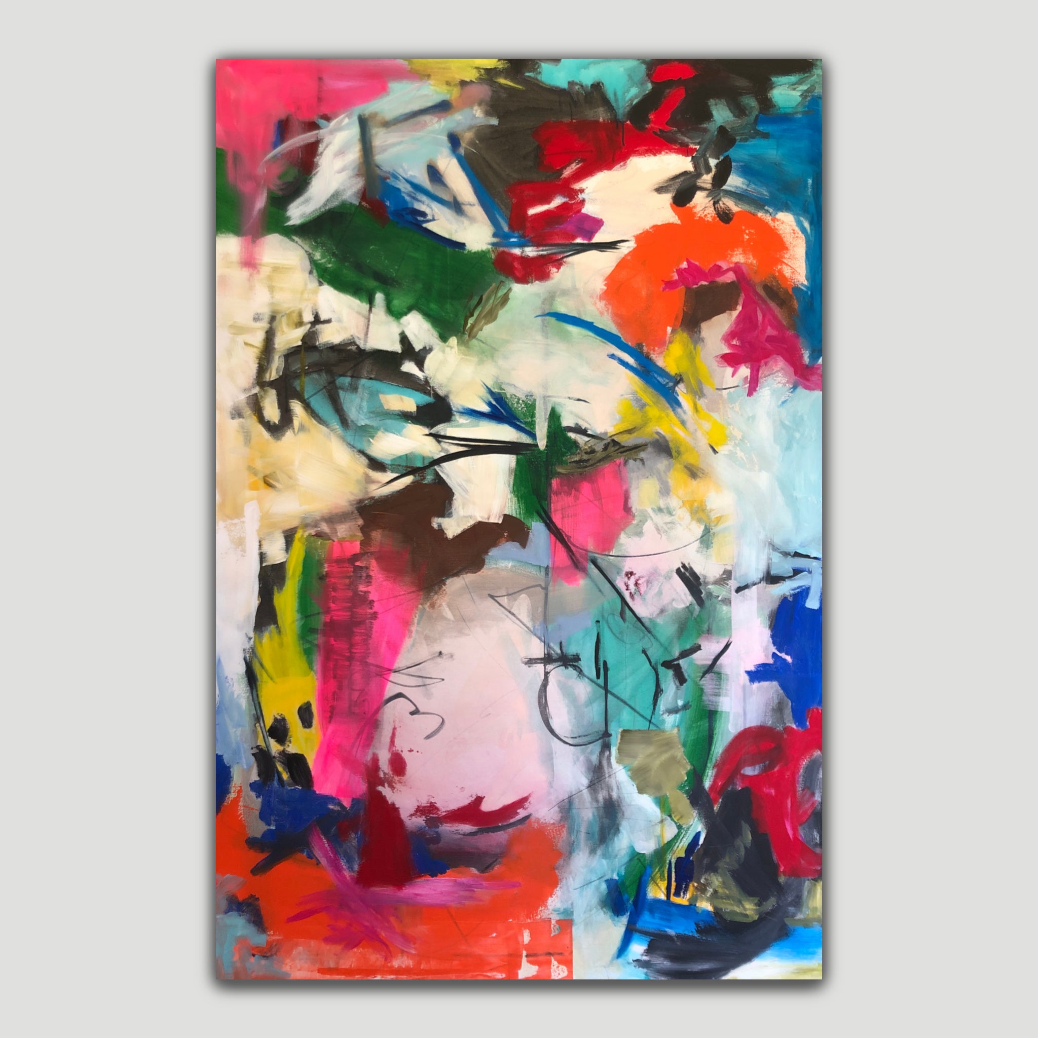 An abstract canvas painting with expressive, colorful brushstrokes in pink, red, blue, green, yellow, black on a neutral background