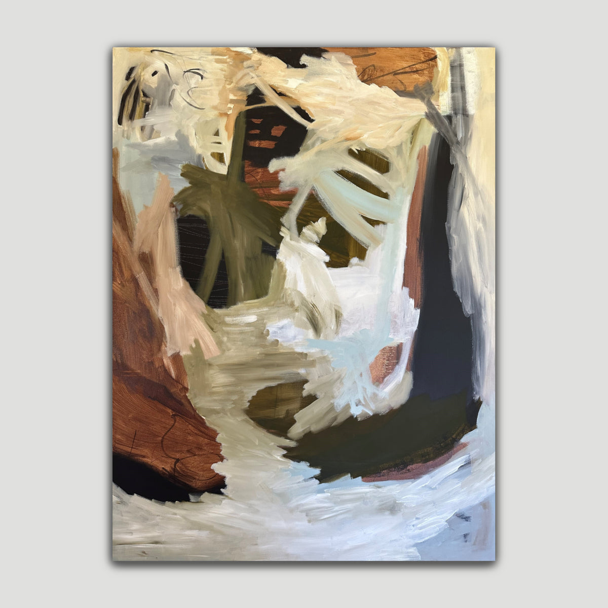 Abstract painting on canvas 'Indecent Ramblings' by Kylie Sams in brown, grey, pale blue, black, white, olive green and beige. 
