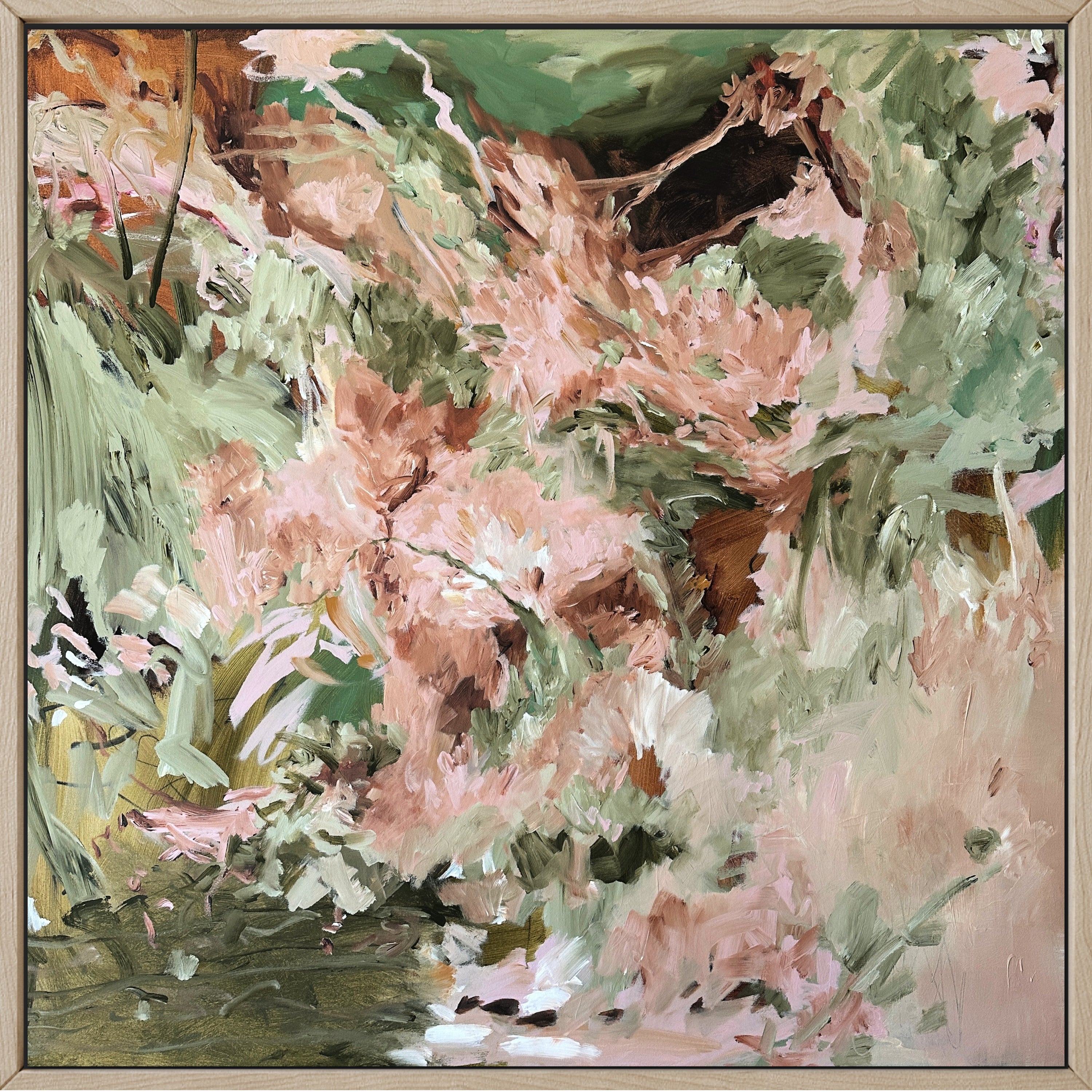 Modern abstract painting inspired by nature and plants, in timber frame - front view