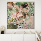 Nature inspired abstract painting in timber frame hanging on wall in minimalist modern home
