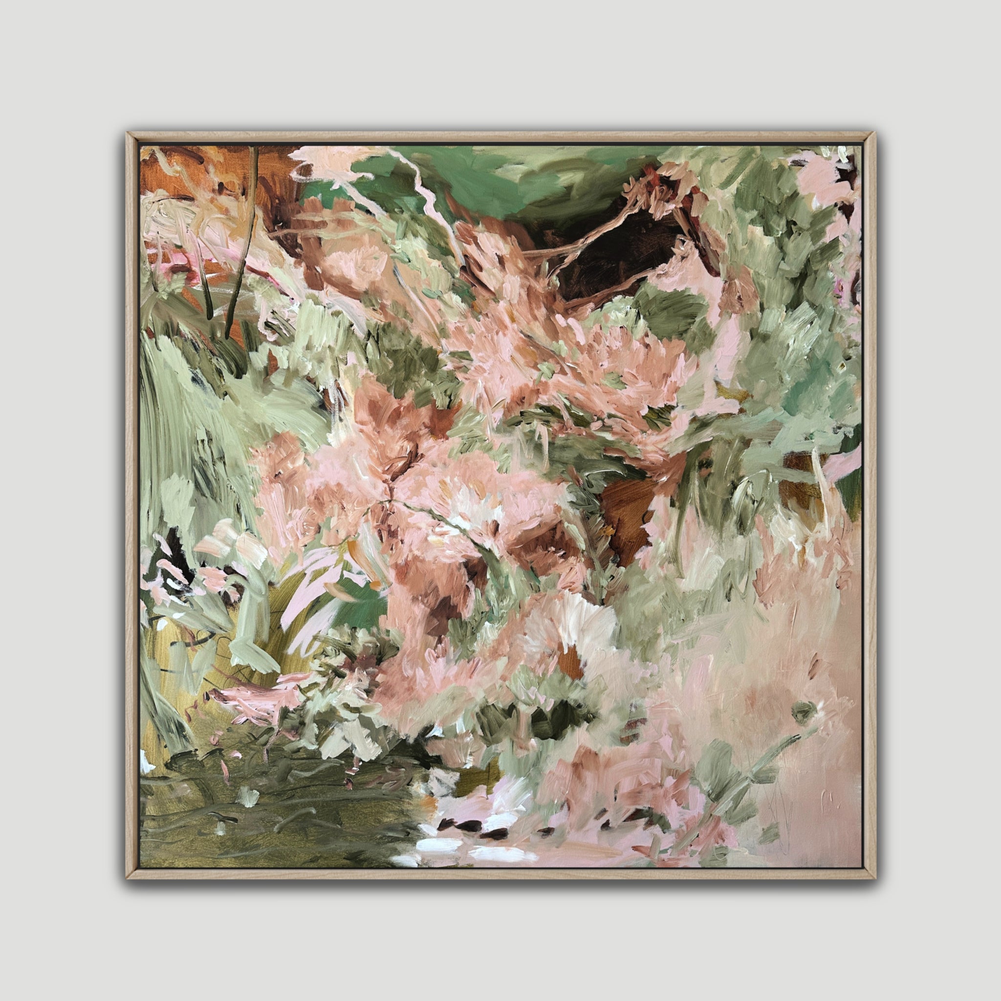 Abstract expressionist painting in timber frame inspired by nature and the jungle wilderness  - front view