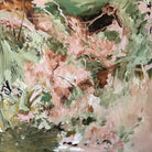 Expressive, abstract landscape painting  in natural colours of brown, beige, green and white - cropped front view