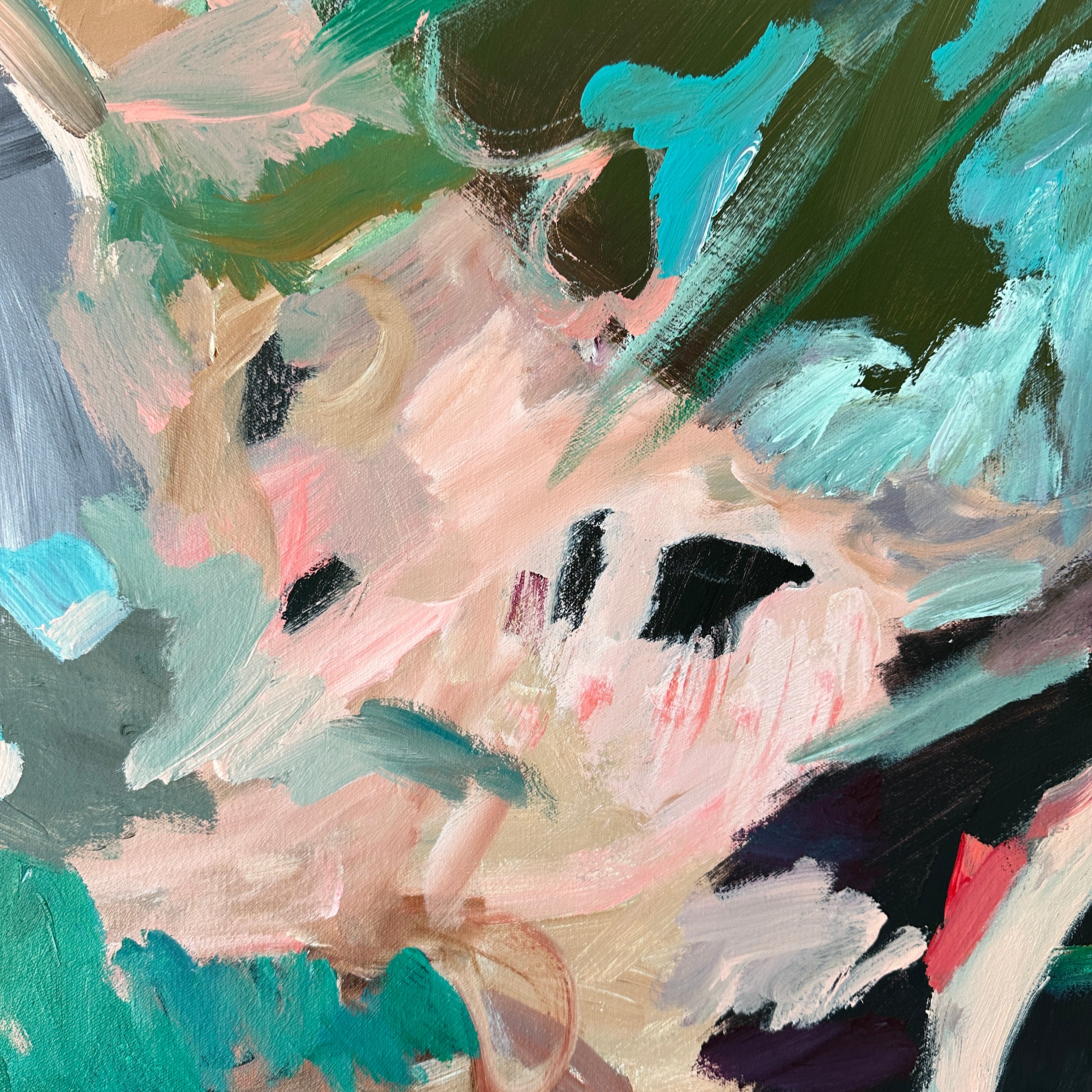 Close-up detail or swatch of abstract expressionist painting inspired by plants, flowers and nature