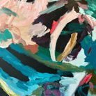 Close-up detail or swatch of expressive brushstrokes of colourful abstract painting in turquoise, blue, pink, black and green