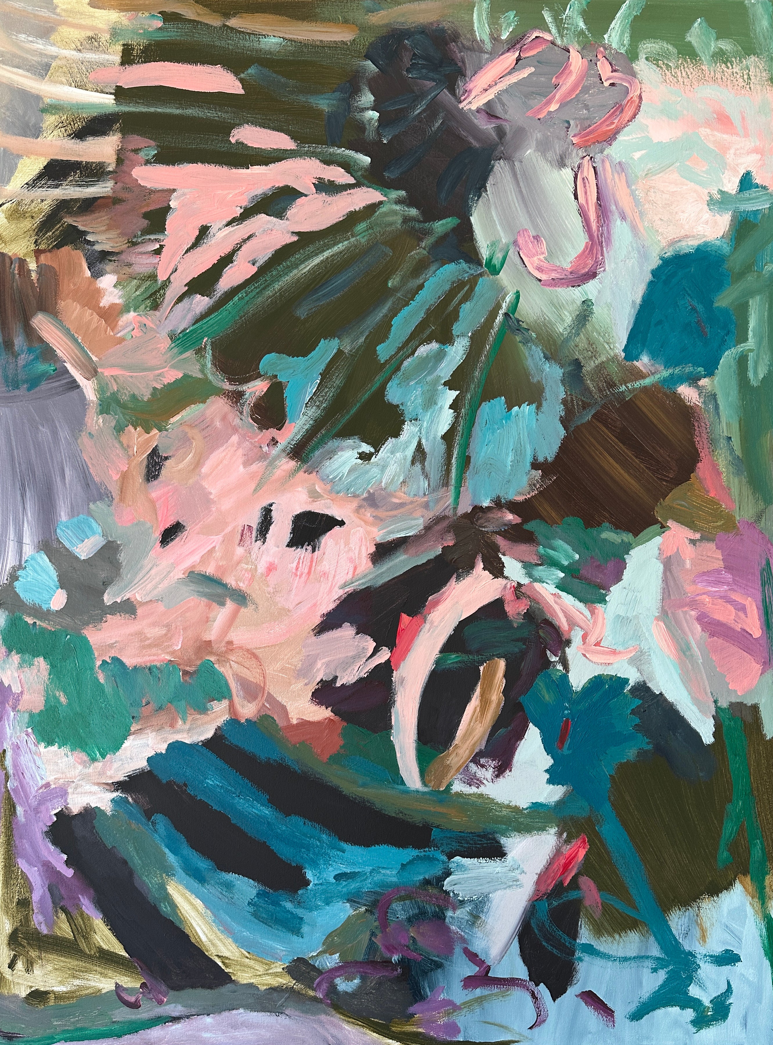 Contemporary abstract painting in green, turquoise, blue, pink and black inspired by nature - cropped front view