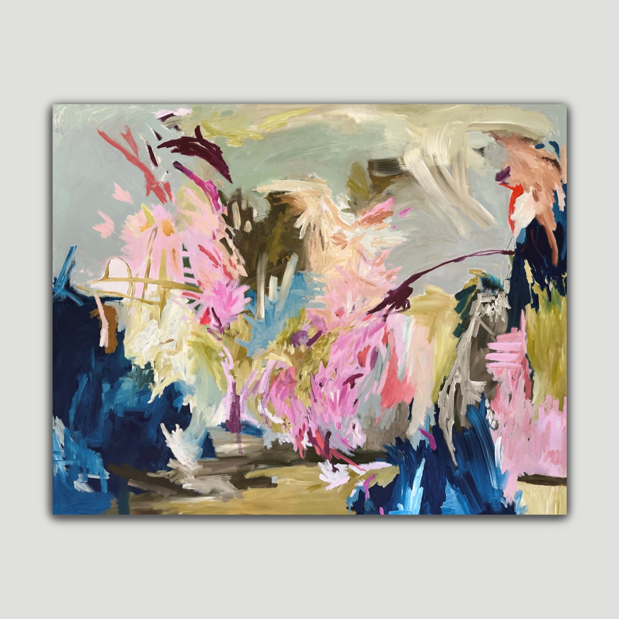 Abstract painting Let Her Be Wild by Kylie Sams featuring energetic, expressive brushstrokes in pink, blue, olive green, citron, maroon and white on a neutral background. 