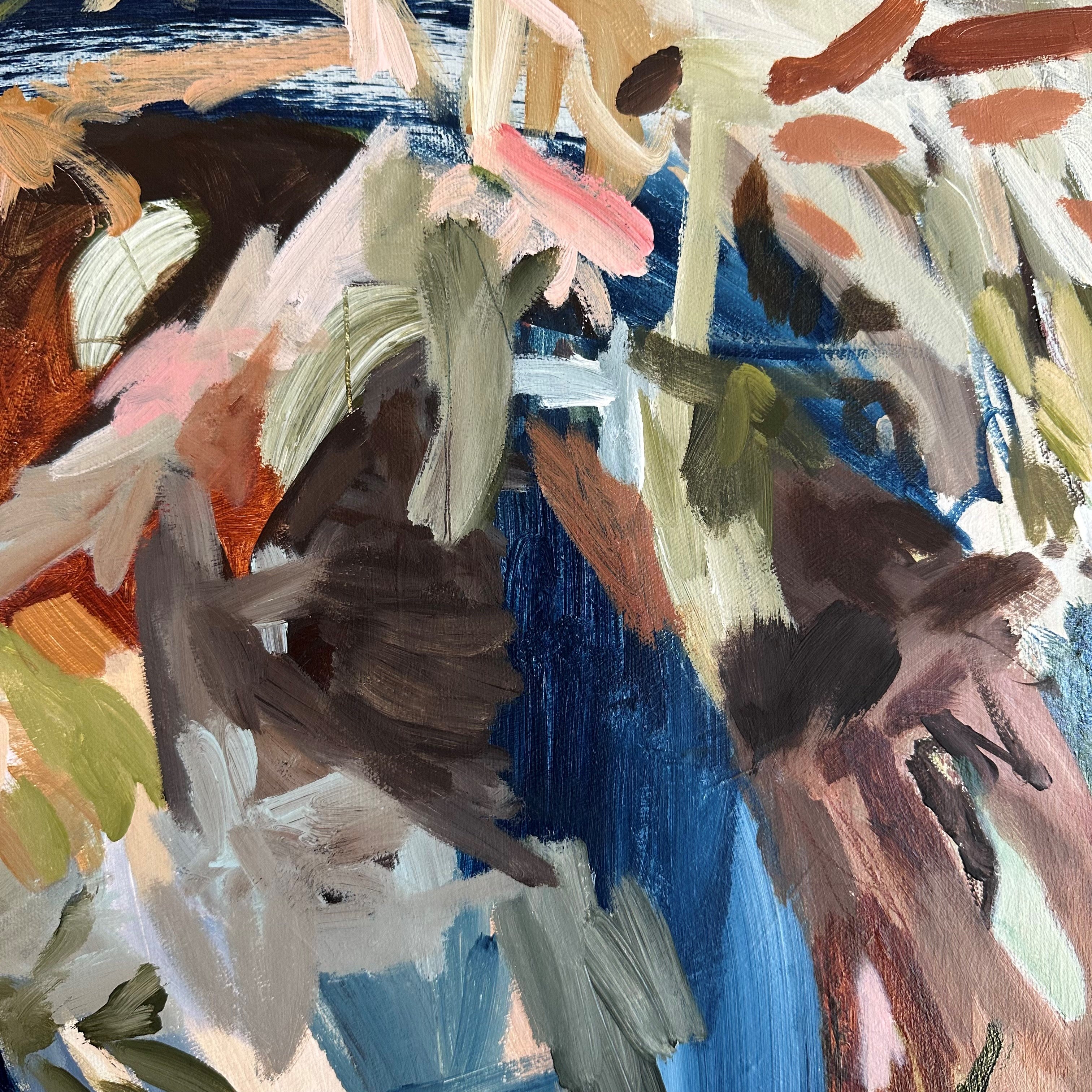 Close-up detail of energetic, gestural brushstrokes and mark-making from abstract expressionist painting 