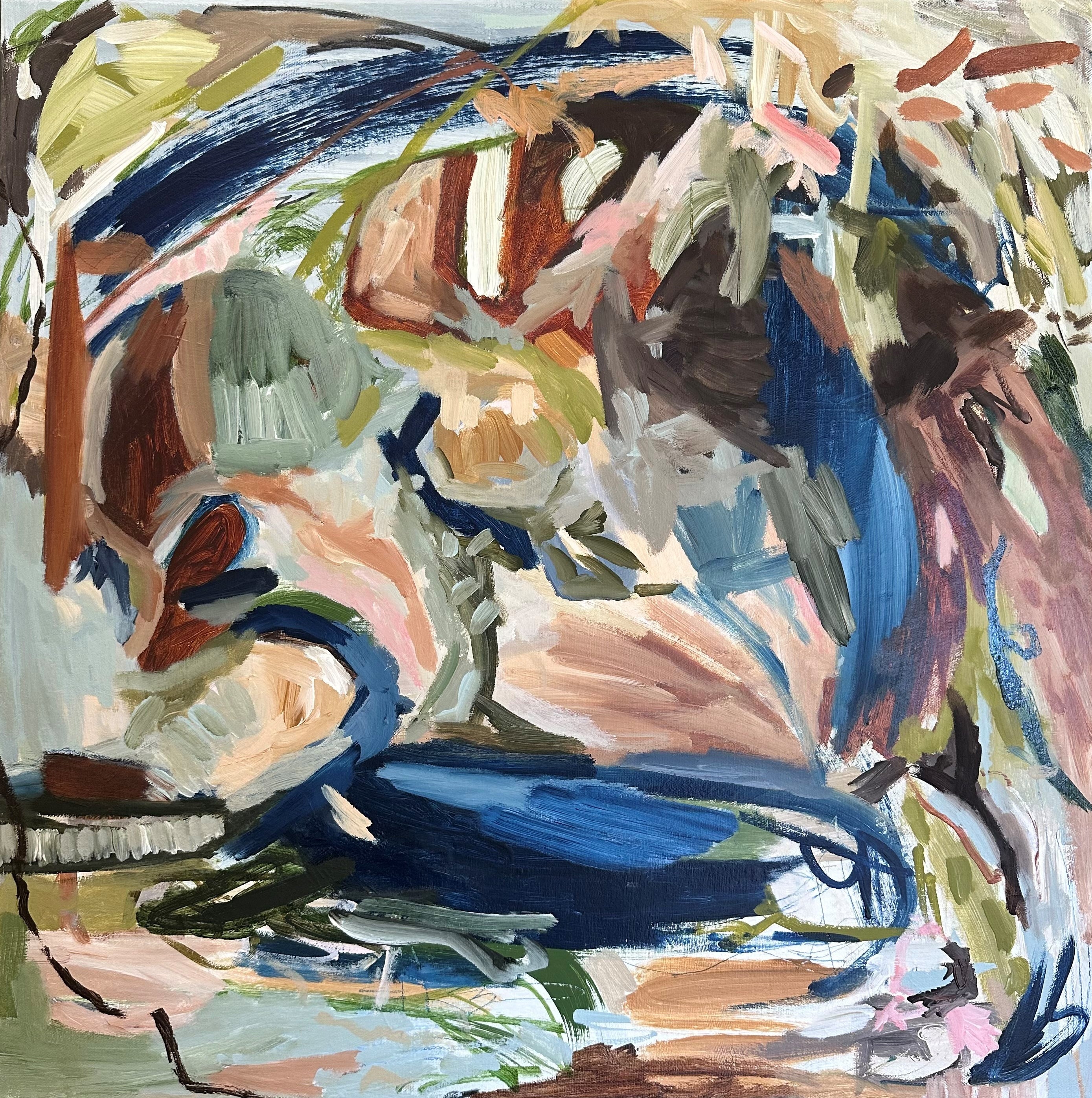 Expressive abstract painting alluding to a flower, nature and freedom in blue and natural colours - cropped front view