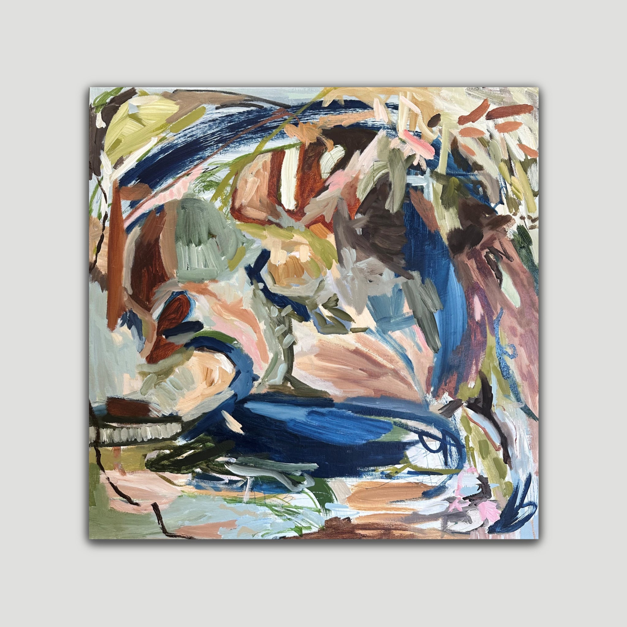 Contemporary abstract expressionist painting alluding to a flower and nature in natural colours - front view