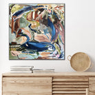 Square abstract expressionist artwork in blue, green, brown and beige hanging on wall in modern interior with natural furnishings