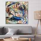 Square abstract wall art inspired by plants and nature hanging on wall in modern living room