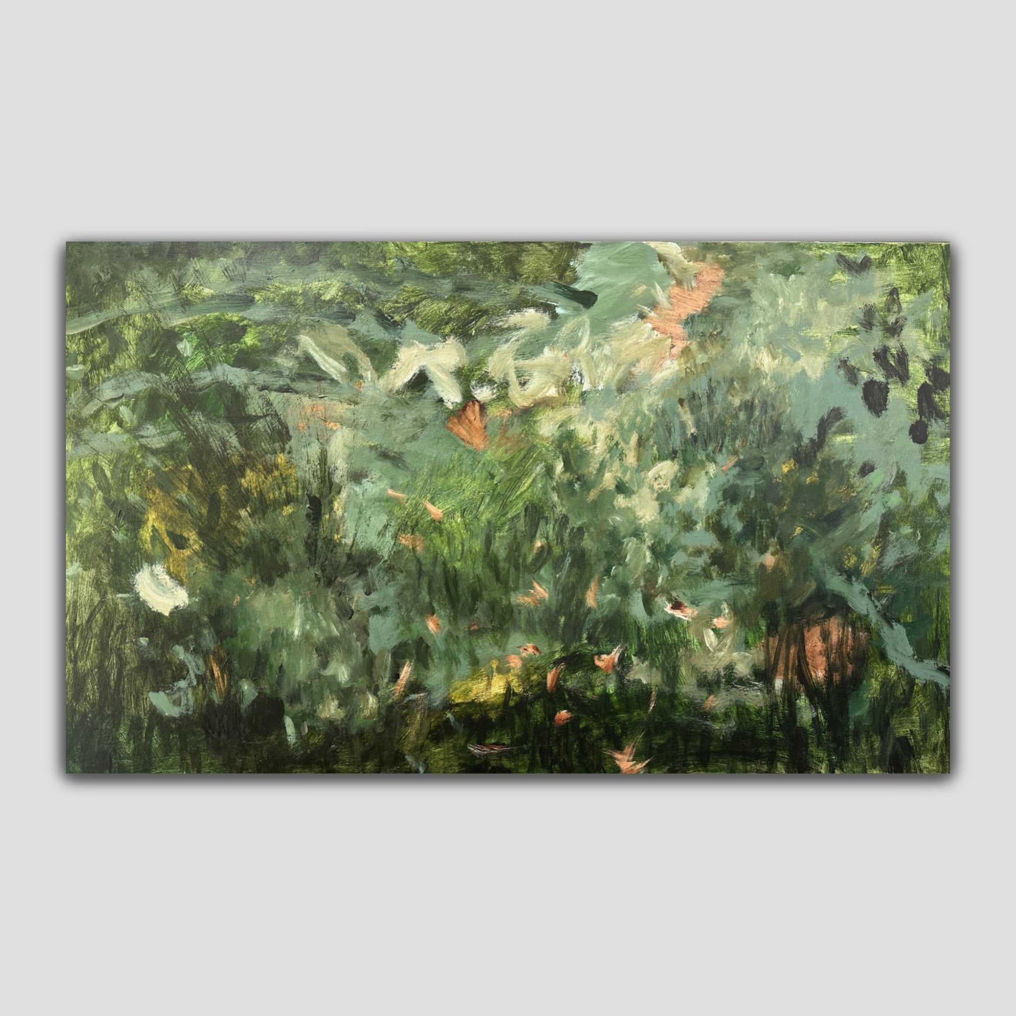Abstract painting of a forest nature scene with green tones 