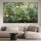 Large green abstract painting inspired by nature hanging on wall over sofa in modern living room